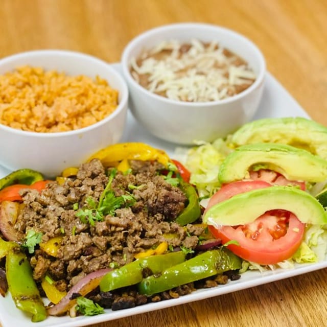 Al Pastor with Rice & Beans Plate.
