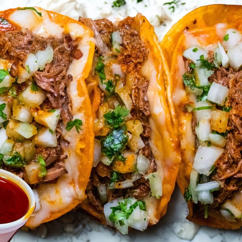 Three birria tacos with shredded beef, melted cheese, diced onions, and cilantro, with a side of consommé.
