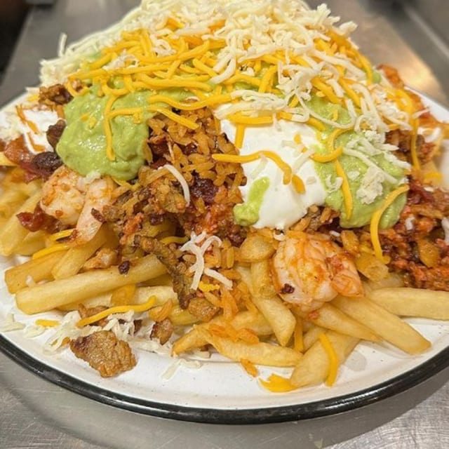 Asada Fries With Bacon & Shrimp.